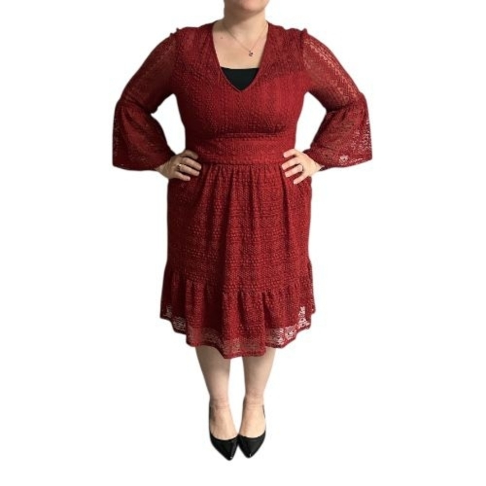 London Times Deep Red Long Sleeve Dress